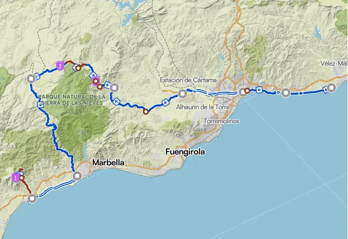 Map of La Vuelta Stage 19 crossing from Rincón de la Victoria to Estepona